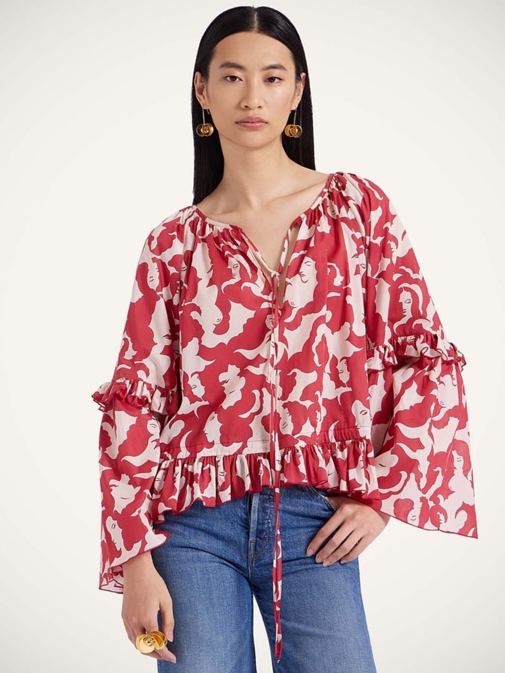 NWT LA DoubleJ + MOTHER Ruffled Red White Floral Print Cotton Peasant Blouse